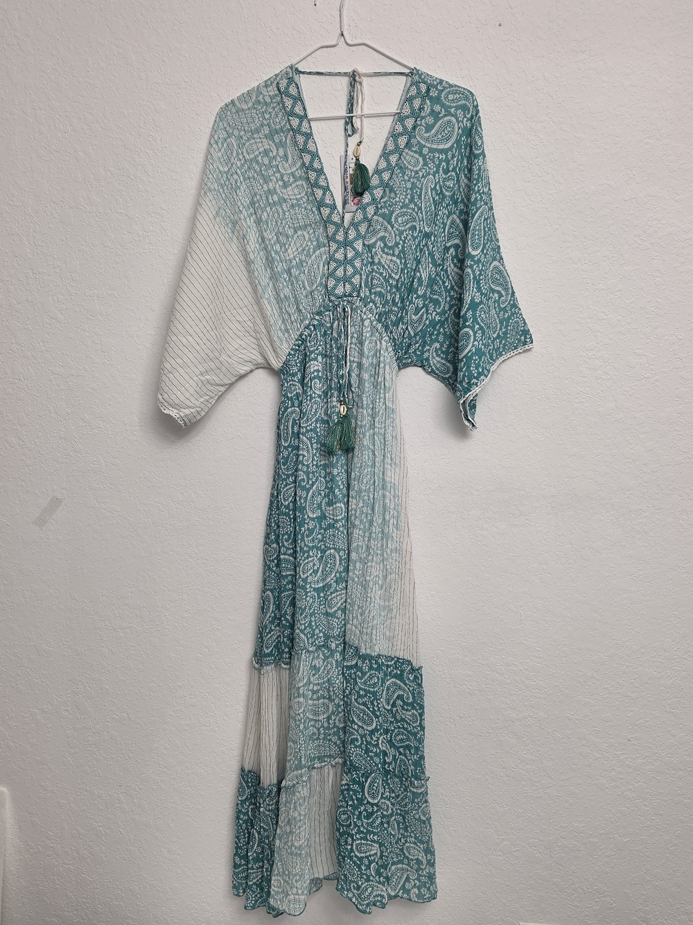 India Boutique Teal and White Paisley Maxi Dress with Tassel Tie